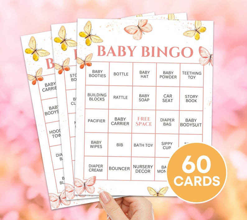 60 Butterflies Baby Shower Bingo Cards Printable Game, Baby Butterfly ...