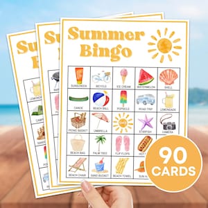 90 Summer Bingo Cards Printable Game, Summer Birthday Party Bingo Game, Summer Vacation Bingo Activity for Kids, Summer Travel Bingo B94