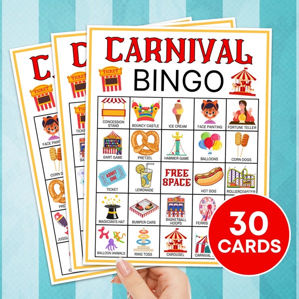 Jeu imprimable de 30 cartes de bingo pour le carnaval, jeux d'anniversaire de planches de bingo pour fête de carnaval, cartes de jeu d'activités pour enfants en classe de bingo du carnaval de cirque