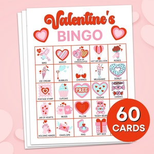60 cartes de jeu de bingo à imprimer pour la Saint-Valentin, activités imprimables de cartes de bingo pour la Saint-Valentin, jeux d'activité de fête pour la classe de la Saint-Valentin pour enfants B2