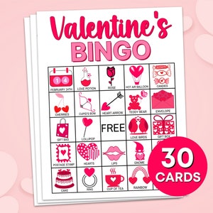30 Valentines Bingo Game Cards Printable, Valentine's Day Bingo Cards Printable Activity, Kids Valentine's Classroom Party Activity Games B5