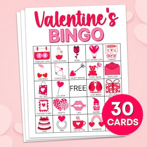 30 Valentinstag Bingo Spielkarten druckbare, Valentinstag Bingokarten druckbare Aktivität, Kinder Valentinstag Klassenzimmer Party Aktivität Spiele B5