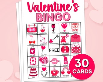 30 Valentines Bingo Game Cards Printable, Valentine's Day Bingo Cards Printable Activity, Kids Valentine's Classroom Party Activity Games B5