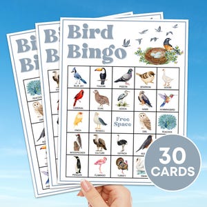 Juego de bingo de 30 pájaros para imprimir, juego de bingo de observación de aves para niños, tarjetas de bingo de aves y animales para niños, tablero de bingo para fiestas de pájaros para niños