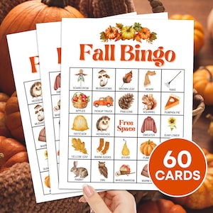 60 Fall Bingo Cards Printable Game, Fall Autumn Bingo Boards, Fall Thanksgiving Bingo Game Activity for Kids, Fall Classroom Activity B99