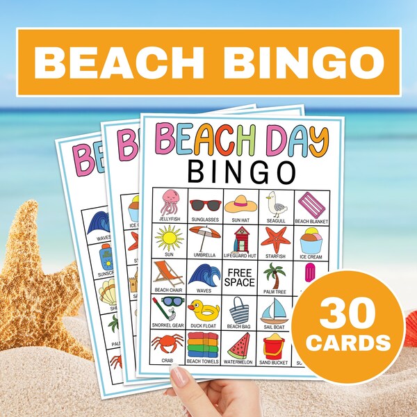 30 Beach Bingo Cards Printable Game, Beach Day Birthday Party Bingo Game, Summer Vacation Bingo Activity for Kids, Beach Travel Bingo Boards