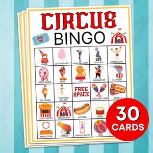 30 Circus Bingokaarten Afdrukbaar spel, Circus Party Bingo Spelborden, Circus Verjaardagsspelen, Afdrukbare Circus Carnaval Bingo Activiteit B12
