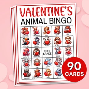 90 Valentines Animal Bingokaarten afdrukbaar spel, Valentines Animal Bingo Boards Activiteit, Kids Valentine Classroom Party Activity Games B26