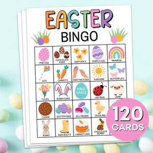 120 Paasbingokaarten Afdrukbaar spel, Paasbingobordenactiviteit voor kinderen, Bingo Paasklasactiviteit, Paasafdrukbaar kinderspel B4