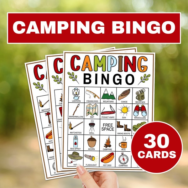 30 Camping Bingo Cards Printable Game, Camping Party Bingo Game Activity, Summer Camp Bingo Game for Kids, Campground Activities for Kids