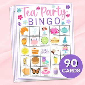 90 Tea Party Bingokaarten Afdrukbaar spel, Tea Party Bruidsdouche Bingo Boards Activiteit, Tea Party Meisjes Verjaardag Activiteiten Bingospel B35