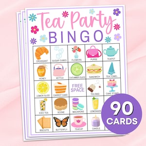 90 Tea Party Bingo Cards Printable Game, Tea Party Bridal Shower Bingo Boards Activity, Tea Party Girls Birthday Activities Bingo Game B35