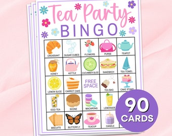 90 Tea Party Bingo Cards Printable Game, Tea Party Bridal Shower Bingo Boards Activity, Tea Party Girls Birthday Activities Bingo Game B35