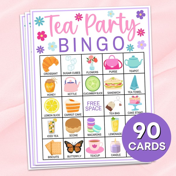 90 Tea Party Bingo Cards Printable Game, Tea Party Bridal Shower Bingo Boards Activity, Tea Party Girls Birthday Activities Bingo Game B35