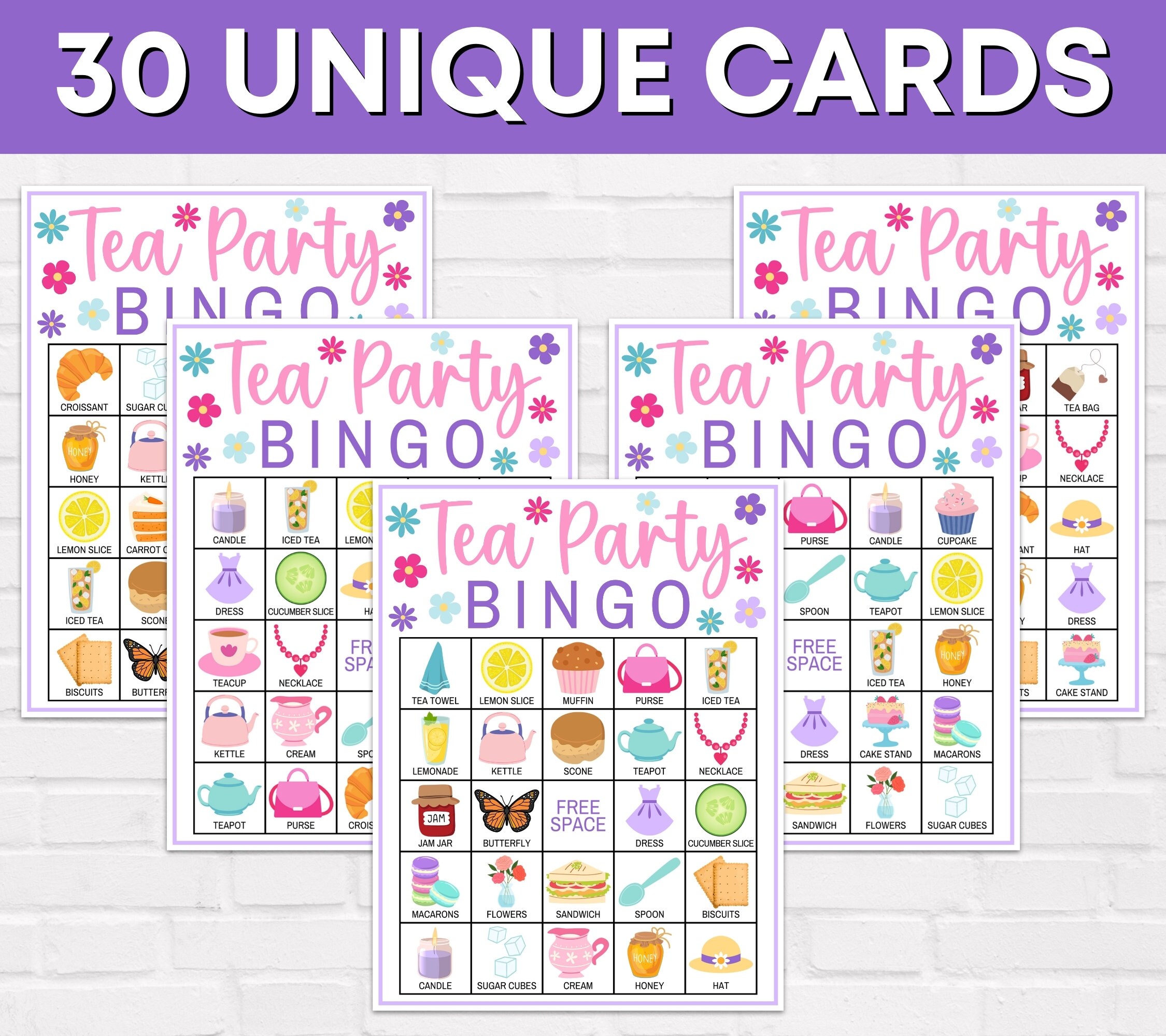 30 Tea Party Bingo Cards Printable Game, Tea Party Bridal Shower Bingo ...