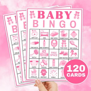 Juego imprimible de 120 cartas de bingo para bebés, tableros de juego de bingo para baby shower para bebés, actividad de baby shower para bebés con osito rosa, juego de cartas de bingo precargadas para bebés