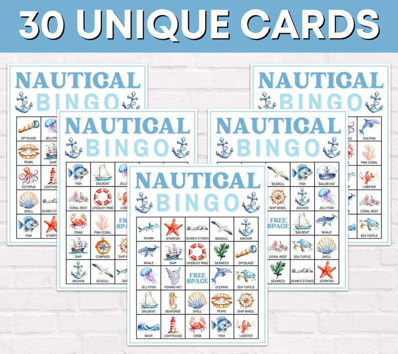 30 Nautical Bingo Cards Printable Game, Ocean Nautical Birthday Party ...