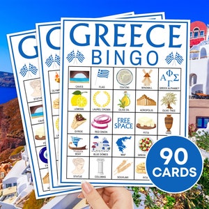 Jeu imprimable de 90 cartes de bingo en Grèce, jeu de société de bingo de voyage en Grèce, bingo de fête en Grèce pour enfants, activité adulte, bingo d'Athènes Santorin B111