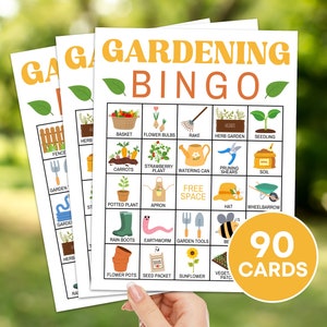 Juego imprimible de 90 cartones de bingo de jardinería, juego para niños de actividades de bingo del club de jardinería, cartones de bingo de primavera para tableros de bingo de fiesta en el jardín para niños B63