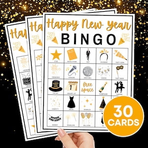 30 nieuwjaarsbingokaarten afdrukbaar spel, oudejaarsavond bingoborden feestspel voor kinderen volwassenen, nieuwjaarsfeest bingokaarten activiteitsspel