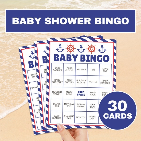 30 Ahoy Nautical Baby Shower Bingo Cards Printable Game, Baby Boy Shower Gift Present Bingo Game, Boat Baby Prefilled Bingo Boards Cards