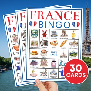Jeu imprimable de 30 cartes de bingo en France, jeu de société de bingo de voyage Paris France, France Party Bingo enfants activité adulte, jeu de bingo en français B110