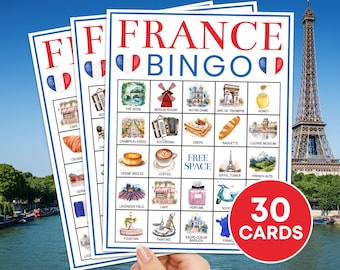 30 cartas de bingo da França, jogo para impressão, jogo de tabuleiro de bingo de viagem em Paris França, festa de bingo na França, atividades para crianças e adultos, jogo de bingo francês B110