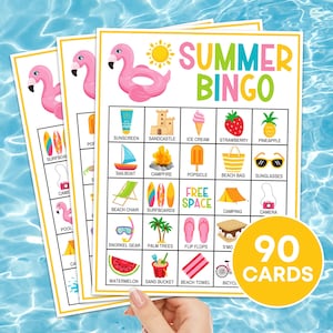 90 juego imprimible de cartas de bingo de verano, juego de bingo de fiesta de cumpleaños de verano, actividad de bingo de vacaciones de verano para niños, bingo de viajes de verano B89