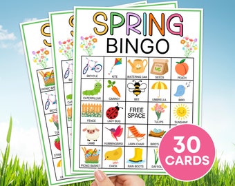 30 lente bingokaarten afdrukbaar spel, lente bingo kinderen klas activiteit, kinderen lente feestspel, lente afdrukbare bingo bordspel