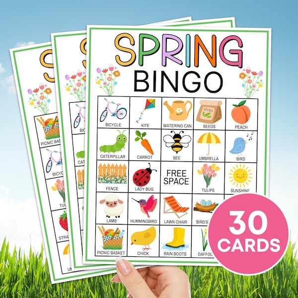 Jeu imprimable de 30 cartes de bingo du printemps, activité de bingo de printemps en classe pour les enfants, jeu de fête du printemps pour les enfants, jeu de bingo de société imprimable du printemps