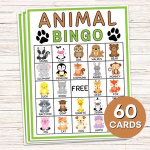 60 Animal Bingo Cards Printable Game, Zoo Baby Animal Bingo Boards Activity, Animal Birthday Party Activity Game, Animal Lover Bingo Game B7