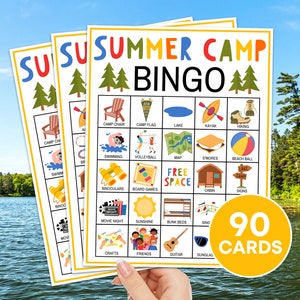90 Letni Obóz Bingo Karty Do Wydrukowania Gra, Dziecięca Gra Bingo Kempingowa, Letnia Gra Bingo Obozowa dla Dzieci, Aktywności Kempingowe Dla Dzieci