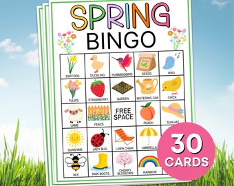 30 lente bingokaarten afdrukbaar spel, lente bingo kinderen klas activiteit, kinderen lente feestspel, lente afdrukbare bingoborden B25