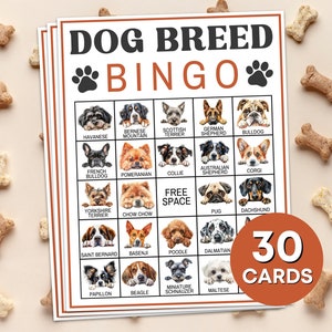30 Dog Breed Bingo Cards Printable Game, Dog Bingo Cards Game, Dog Birthday Party Bingo Game, Dog Lover Bingo Boards Classroom Activity B65