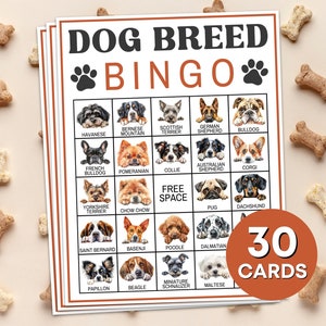 Gioco stampabile di 30 carte Bingo di razza canina, Gioco di carte Bingo per cani, Gioco di Bingo per feste di compleanno di cani, Tabelloni Bingo per amanti dei cani Attività in classe B65
