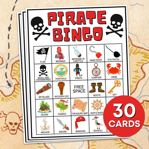 30 Pirate Bingo Cards Printable Game, Pirate Birthday Party Kids Bingo Boards Game Activity, Pirate Treasure Boy Birthday Activity Game B51