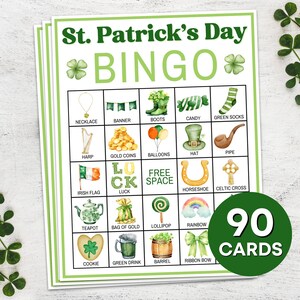 90 Juego de cartas de bingo del Día de San Patricio imprimible, Actividad de tableros de bingo de San Patricio, Tarjeta de bingo de San Patricio, Actividad de aula para niños de San Patricio B61