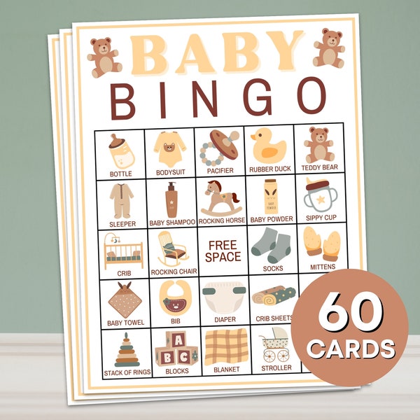 Jeu imprimable de 60 cartes de bingo pour bébé, cartes de jeu de bingo pour baby shower bohème, activités de baby shower ours sans distinction de sexe, planches de bingo préremplies B58