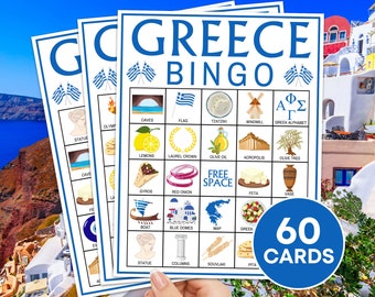 60 cartas de bingo da Grécia para impressão, jogo de tabuleiro de bingo de viagem da Grécia, atividade de bingo para crianças e adultos, Santorini Atenas Bingo B111