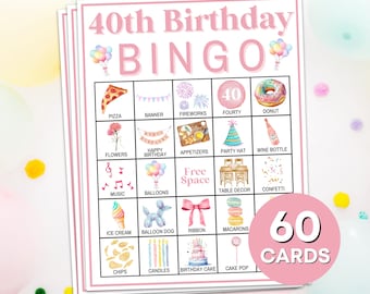 60 40th Birthday Bingo Cards Printable Game, 40th Birthday Party Bingo Board Game, Womens Birthday Party Bingo Game Activity for Adults B74