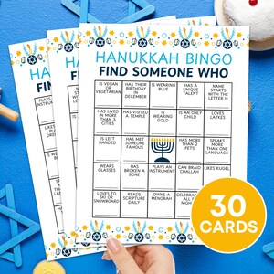 Jeu imprimable de 30 cartes de bingo Hanukkah Mingle, Hanukkah, trouver quelqu'un qui brise les planches de bingo, fête juive de Hanoukka, trouver le bingo invité