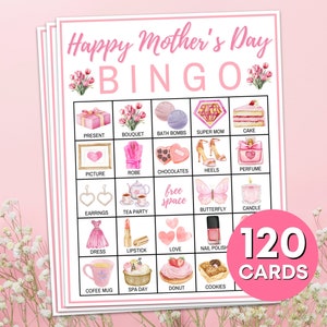 120 moederdag bingokaarten afdrukbaar spel, moederdag feestbrunchspel bingoborden voor kinderen, moederdag klasactiviteit voor kinderen B86