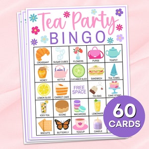 60 Tea Party Bingo Cards Printable Game, Tea Party Bridal Shower Bingo Boards Activity, Tea Party Girls Birthday Activities Bingo Game B35