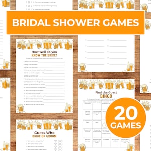 Op de afbeelding: Een set van 20 printbare bruidsdouchespeletjes met een bierkan-thema. De spellen omvatten "Hoe goed ken je de bruid?", "Vind de gast Bingo", "Raad wie competitiever is: de bruid of de bruidegom?" en "Bruid en bruidegom Trivia".