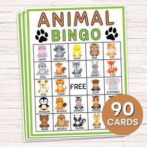 90 Tier Bingo Karten Druckbares Spiel, Zoo Baby Tier Bingo Karten Aktivität, Tier Geburtstagsparty Aktivitäts Spiel, Tierliebhaber Bingo Spiel B7