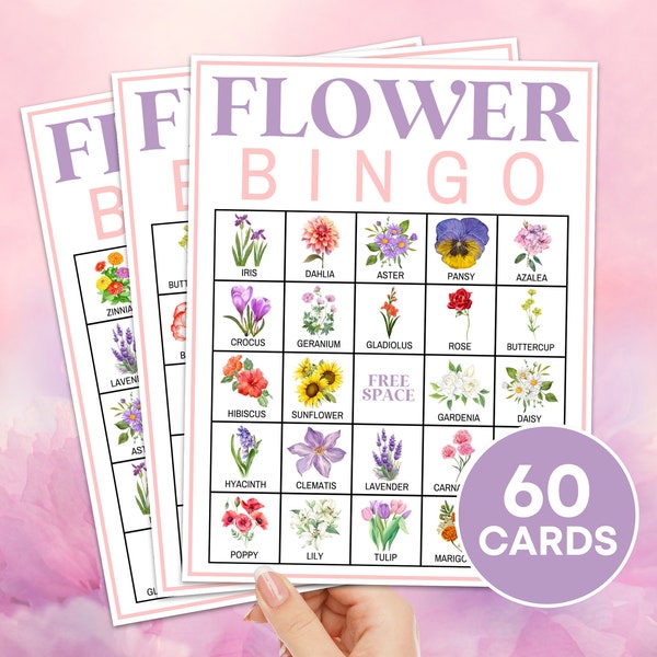 60 Flower Bingo Cards Printable Game, Floral Spring Bingo Boards Kids Classroom Activity, Garden Party Bingo Game, Gardening Bingo Game Card