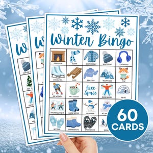60 tarjetas de bingo de invierno para imprimir, actividad de tablero de bingo de invierno para niños, actividad de bingo de invierno para el aula, juego de invierno para niños para imprimir