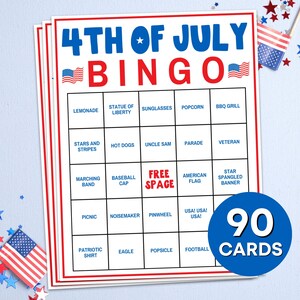 90 Juego imprimible de cartas de bingo del 4 de julio, juego de fiesta de tableros de bingo del Día de la Independencia de EE. UU. del 4 de julio, juego de bingo del 4 de julio de EE. UU. para niños B81