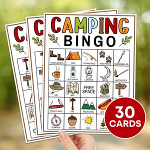 Gioco stampabile con 30 carte Bingo da campeggio, Attività di gioco Bingo per feste in campeggio, Gioco di Bingo per campi estivi per bambini, Attività in campeggio per bambini