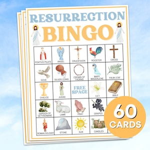 60 Auferstehungs-Bingokarten druckbares Spiel, Ostersonntag-Bibel-Bingospiel, christliches religiöses Bingobrett-Spiel B39